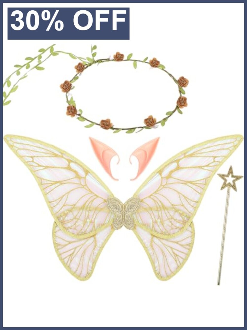 Fairy Wings Girls Floral Crown Wand Ears Costume Set